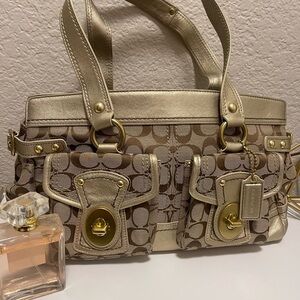 Coach Gold and Brown Satchel with Signature Design